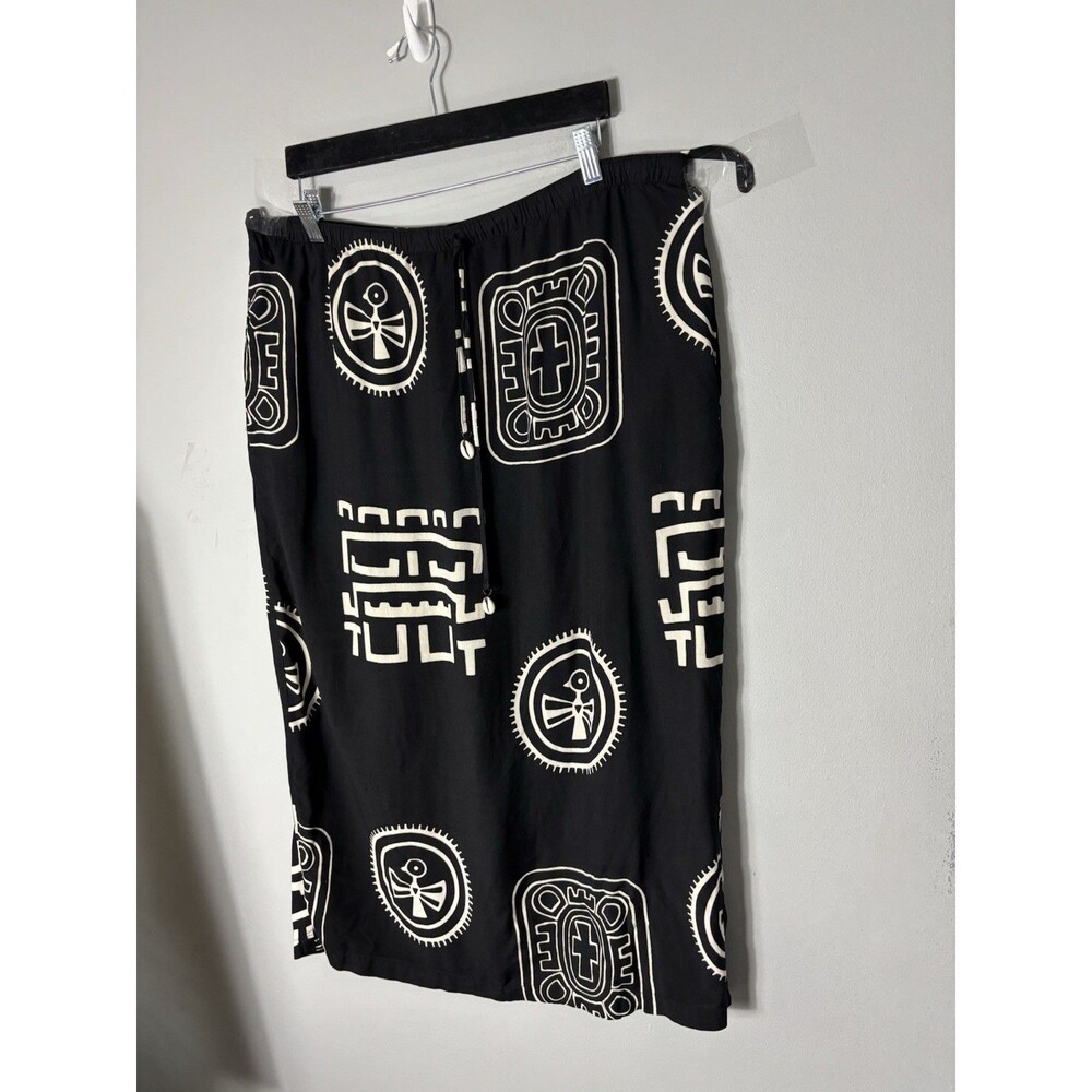 Ashro Skirt Women Black Tribal Midi A-Line Drawstring Rayon Mid Rise XL